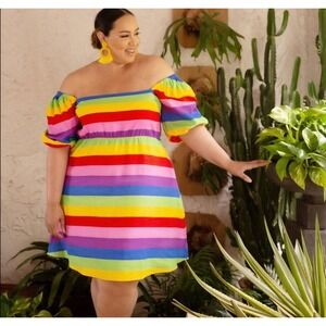 ELOQUI Rainbow Striped Off The Shoulder Puffed Sleeve Mini Dress Women Size 14